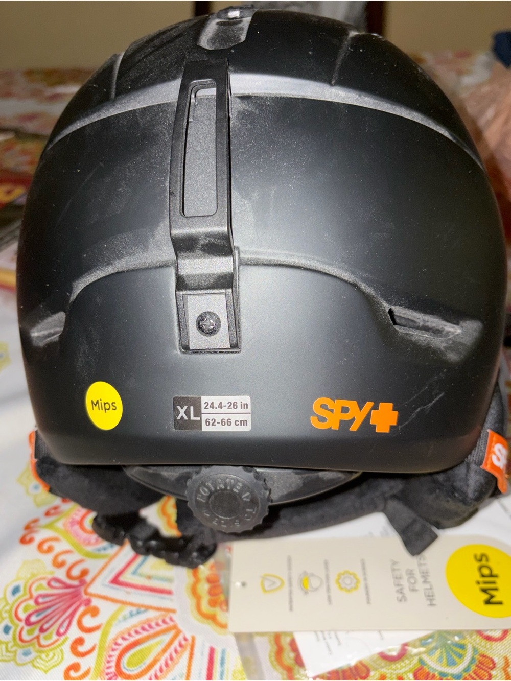 SPY+ Black Snow Helmet with Orange Logo and Yellow MIPS Sticker